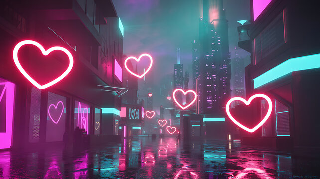 Neon hearts illuminate a vibrant cyberpunk cityscape at night with misty atmosphere