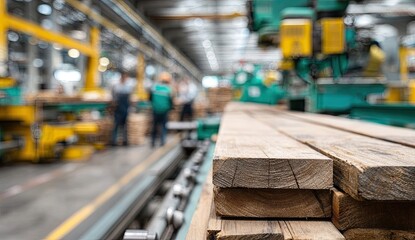 Focus on wood planks, with factory machinery & workers in the blurry background