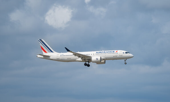 Air France Airbus A220 airplane is Landing at MXP Milano Malpensa international airport