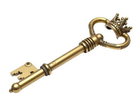 A golden key with a crown on it, perfect for royalty or treasure themes