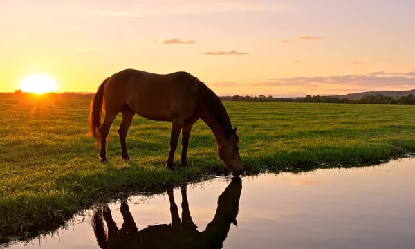 Horse at sunset, standing in an open landscape during sunset, silhouetted against a warm golden sky. The scene captures a peaceful rural atmosphere with natural light and dramatic evening tones.