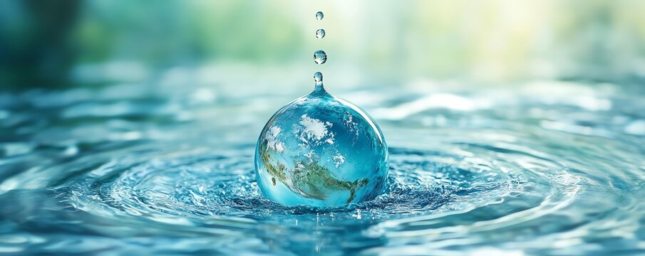 Environmental protection for World Water Day, Earth in the shape of a water droplet, preserving water resources, clean water awareness, sustainable practices, generative AI design