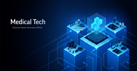 Medical healthcare technology 3D isometric vector illustration. Doctor, patient, hospital AI system concept. Modern blue background for medicine research, diagnosis, digital health, clinic innovation