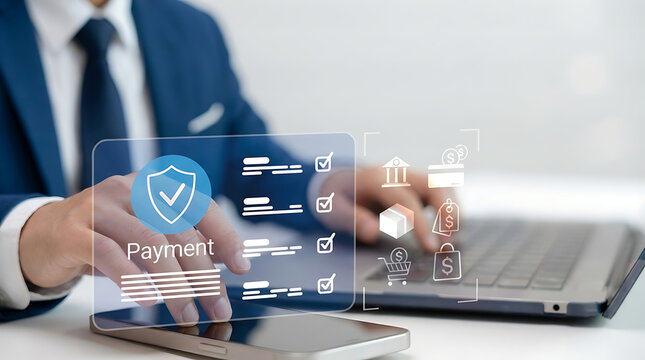Professional businessman processing secure payment transaction on laptop and smartphone with digital checkmark interface and logistics icons for global business commerce - Powered by Adobe