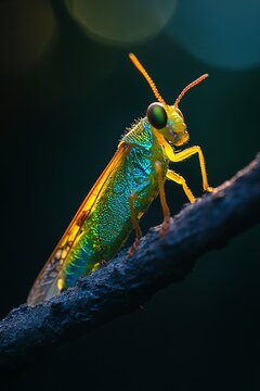 Glowing insect on a branch at night