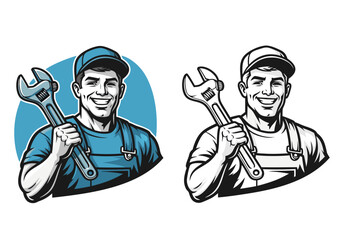Smiling professional male mechanic character illustration holding a wrench, perfect for handyman services, automotive repair, and adaptable vector graphic design