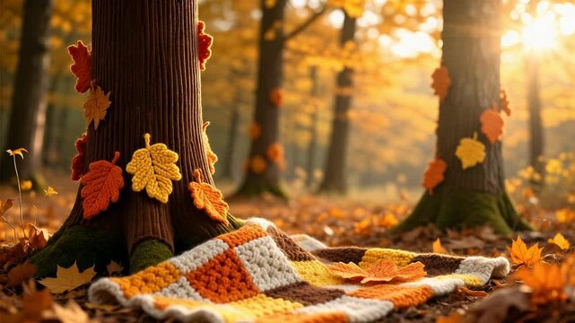 Autumn Forest Yarn Art With Crochet Blanket