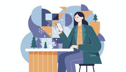 Woman frustrated by poor mobile signal illustrated in a modern geometric winter scene