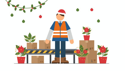 Delivery worker in a Santa hat manages Christmas packages and poinsettias on a conveyor belt