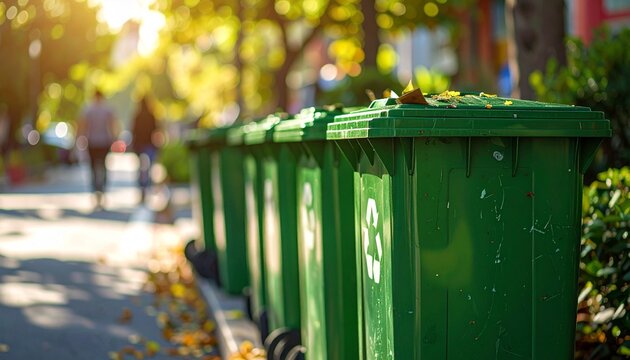 Row of green recycling bins lined up on a sidewalk with fallen autumn leaves, indicating a focus on waste management and environmental responsibility - Powered by Adobe