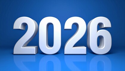 Clean white 3D numbers 2026 on a bright blue background with reflections year new year
