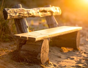 Handmade Rustic Driftwood Bench with Soft Golden Light