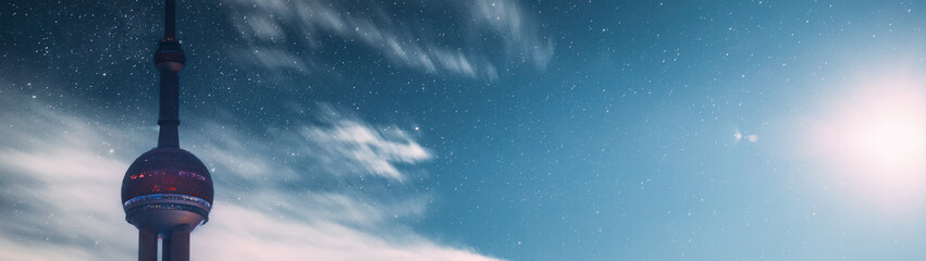 Ornate Details of the Iconic Oriental Pearl Tower Against Night Sky