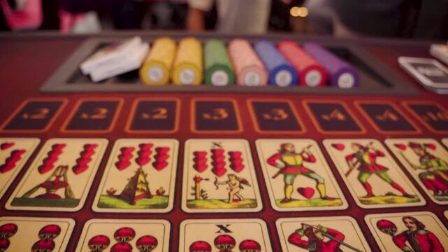 Colorful poker chips stacked on a gambling table.