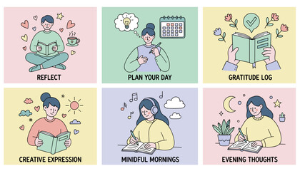 Fototapeta premium Daily routine illustrations reflection planning gratitude creativity and mindful journaling