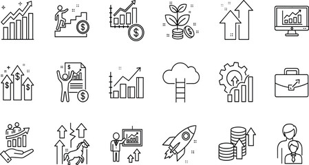 Fototapeta premium Collection of linear vector icons representing business growth, financial success, investment strategy, career advancement, market trends, and startup development.