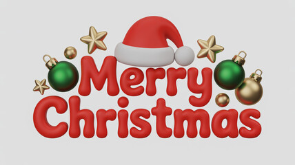 3 D Rendered Merry Christmas Text with Santa Hat and Ornament Decorations