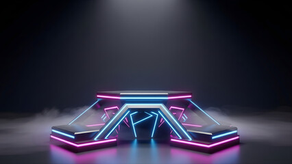 A futuristic glowing podium with neon light and dark atmosphere. Perfect for tech launches, gaming products, digital services, and modern promotional campaigns.
