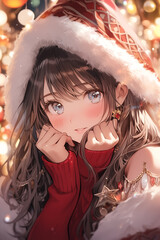 クリスマスイルミネーションに包まれたアニメ美少女　サンタ帽と赤ニットの冬イラスト
