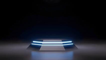 A futuristic glowing podium with neon light and dark atmosphere. Perfect for tech launches, gaming products, digital services, and modern promotional campaigns.