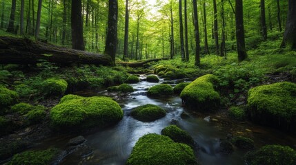 Obraz premium Peaceful Forest Stream with Mossy Rocks and Sunlight in Green Woodland Nature