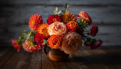 bouquet de dahlias et roses dans un vase en terre cuite rustique