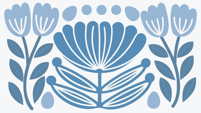 Blue floral pattern with stylized flowers and leaves on white background, decorative illustration