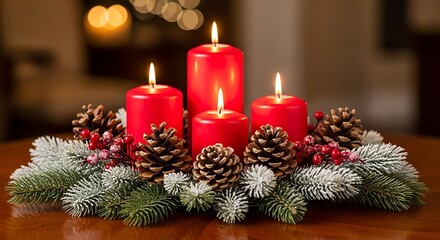 Christmas Advent Wreath with Red Candles, Pinecones, and Berries