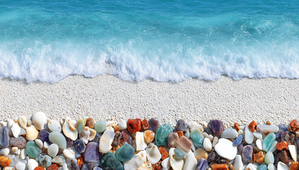Colorful pebbles and shells on a white beach with a turquoise ocean wave
