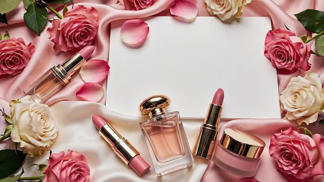 Feminine beauty flatlay with lipstick, perfume, roses, and silk ribbons. Perfect for beauty, fashion, or Valentine's content. Copy space for text