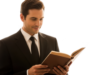 Handsome man in a black suit and tie, engrossed in reading an open book, with a soft smile and focused expression. isolated on transparent background