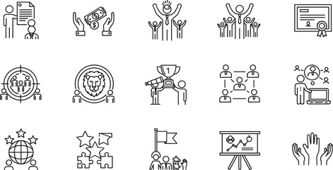 Comprehensive Vector Set of Business and Finance Line Icons for Management, Strategy, Leadership, Success, Recruitment, and Corporate Planning.