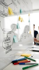 Business strategy planning on whiteboard with sticky notes and markers