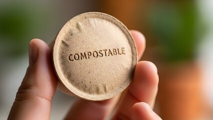 Close up of compostable coffee pod held by a hand against a blurred background