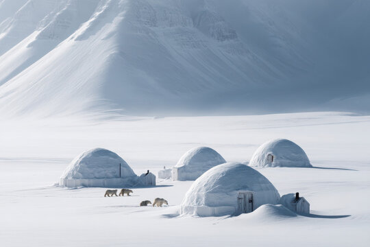 Exploring various locations natural landscape with igloos surrounded by nature arctic environment aerial viewpoint