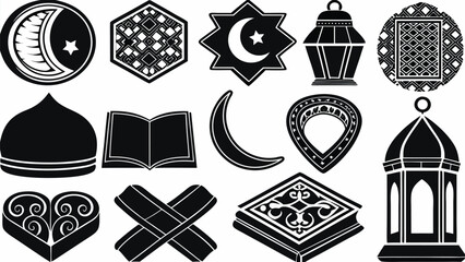 Islamic symbols and Ramadan icons in black and white
