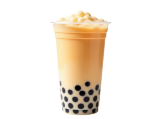 A clear plastic cup filled with sweet and creamy bubble tea