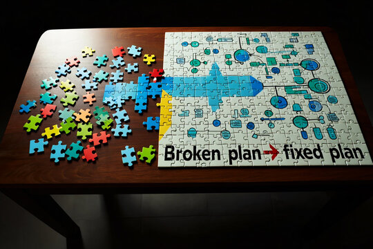 Broken plan | fixed plan Jigsaw puzzle with scattered colorful pieces and completed diagram