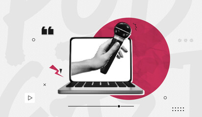 Trendy Halftone Collage Online Broadcasting concept. Computer laptop and hand holding microphone from screen. News and interview. Talking in podcast. Streaming service. Contemporary vector art