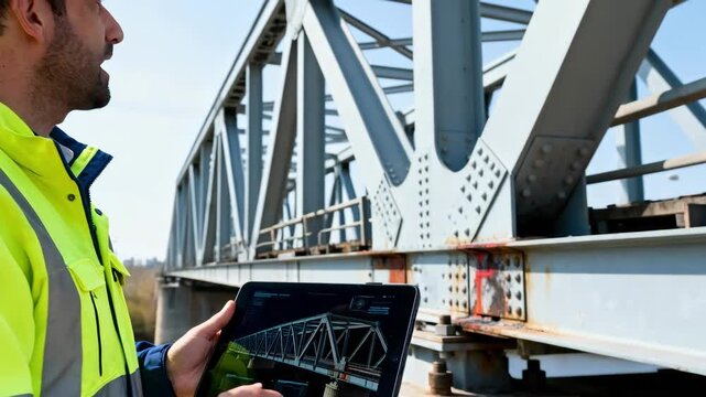 Medium shot of engineer using tablet to compare digital twin model with physical bridge structure for detailed condition assessment and maintenance planning.