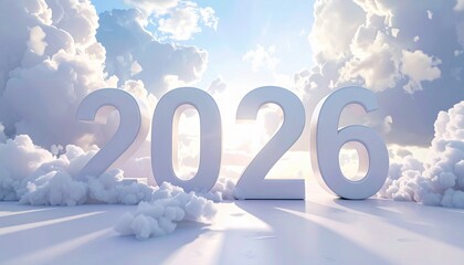 White 2026 Numbers Emerging from Soft Clouds Under a Bright Sky new year