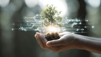  Futuristic ESG Advertising Visual Showing Human Care for Nature with Digital Glow and Copy Space