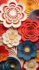 Colorful layered paper flowers, 3D paper cut floral background
