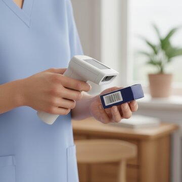 Nurse Scanning Barcode on Medication Box with Wireless Scanner in Bright Clinical Setting