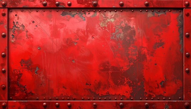 &ldquo;Heavily rusted red metal panel with riveted border on matching corroded background&rdquo;