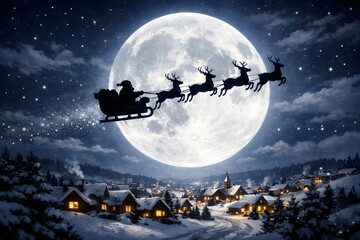 Santa sleigh and reindeer silhouette crossing full moon