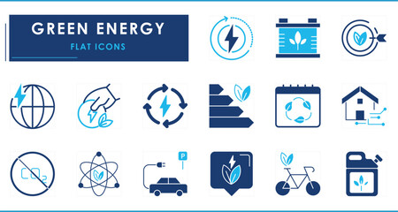 A set of flat icons related to Green Energy. Green, clean, current, energy, fuel, carbon dioxide, bicycle, ecology, and so on.