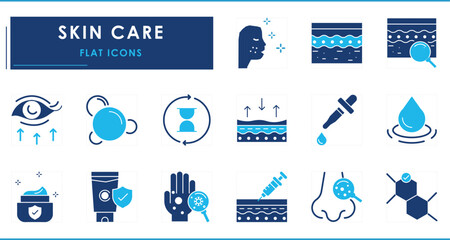 A set of flat icons related to Skin Care. Skin, care, lotion, clean, makeup, skin layer, cream, treatment, and so on.