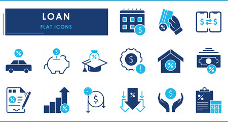 A set of flat icons related to Loan. Debt, money, interest rate, piggy bank, saving, annual, finance, time, and so on.