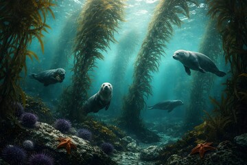 Seals Swimming Through Underwater Kelp